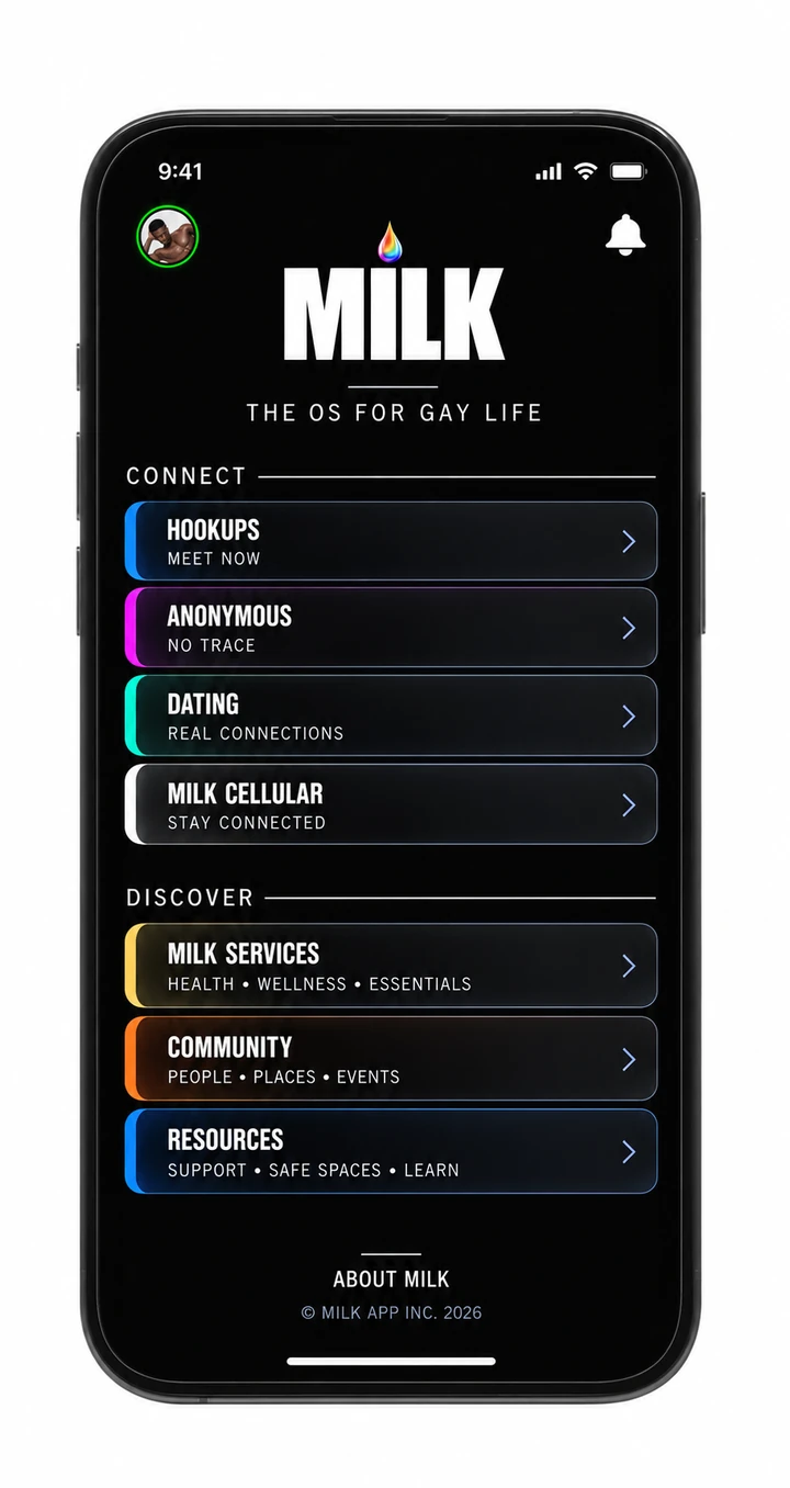 MILK main menu: Connect modes Hookups, Anonymous, Dating and MILK Cellular, and Discover modes MILK Services, Community and Resources.