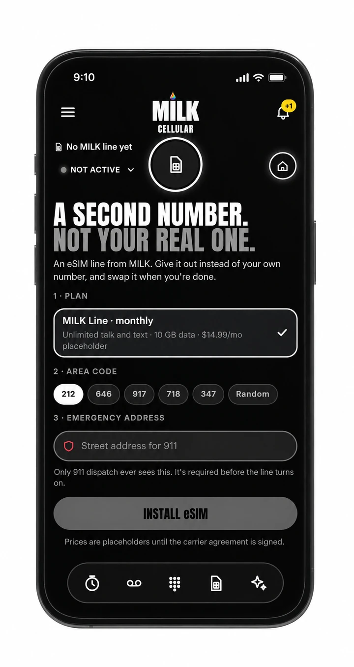MILK Cellular setup: a second eSIM number with a plan, an area code and an emergency address for 911.
