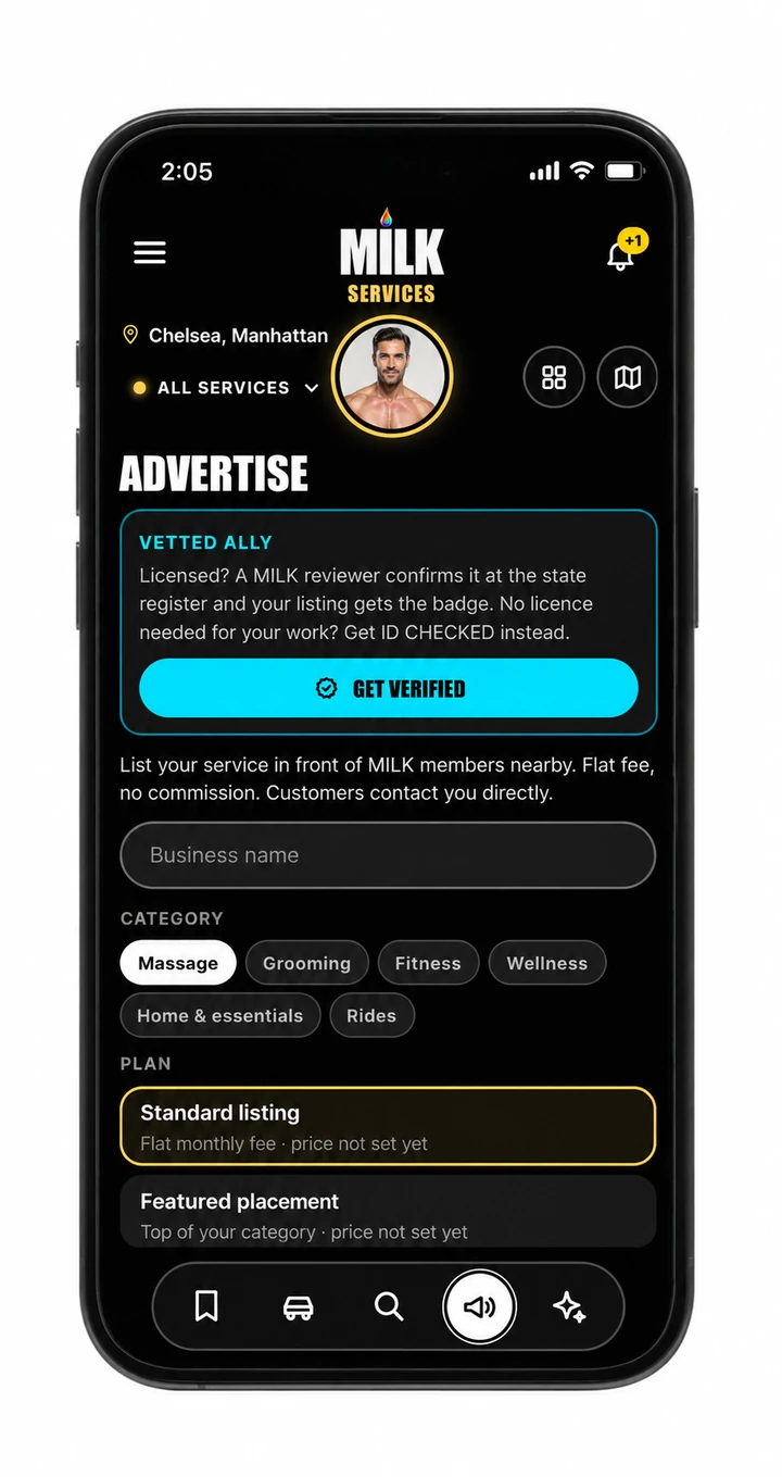 MILK Services, Advertise: a vetted-ally verification banner, a business listing form, categories and flat-fee plans.