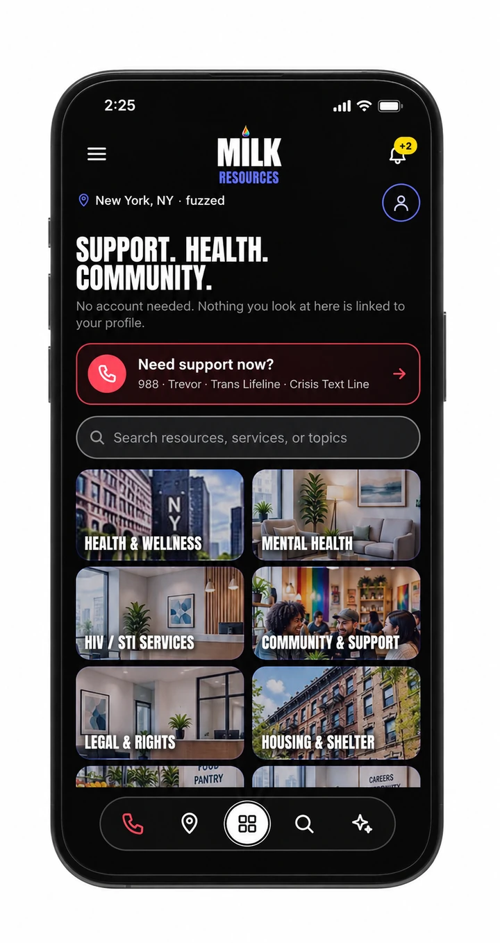Resources: crisis support lines, search, and categories from health to housing, with no account needed.