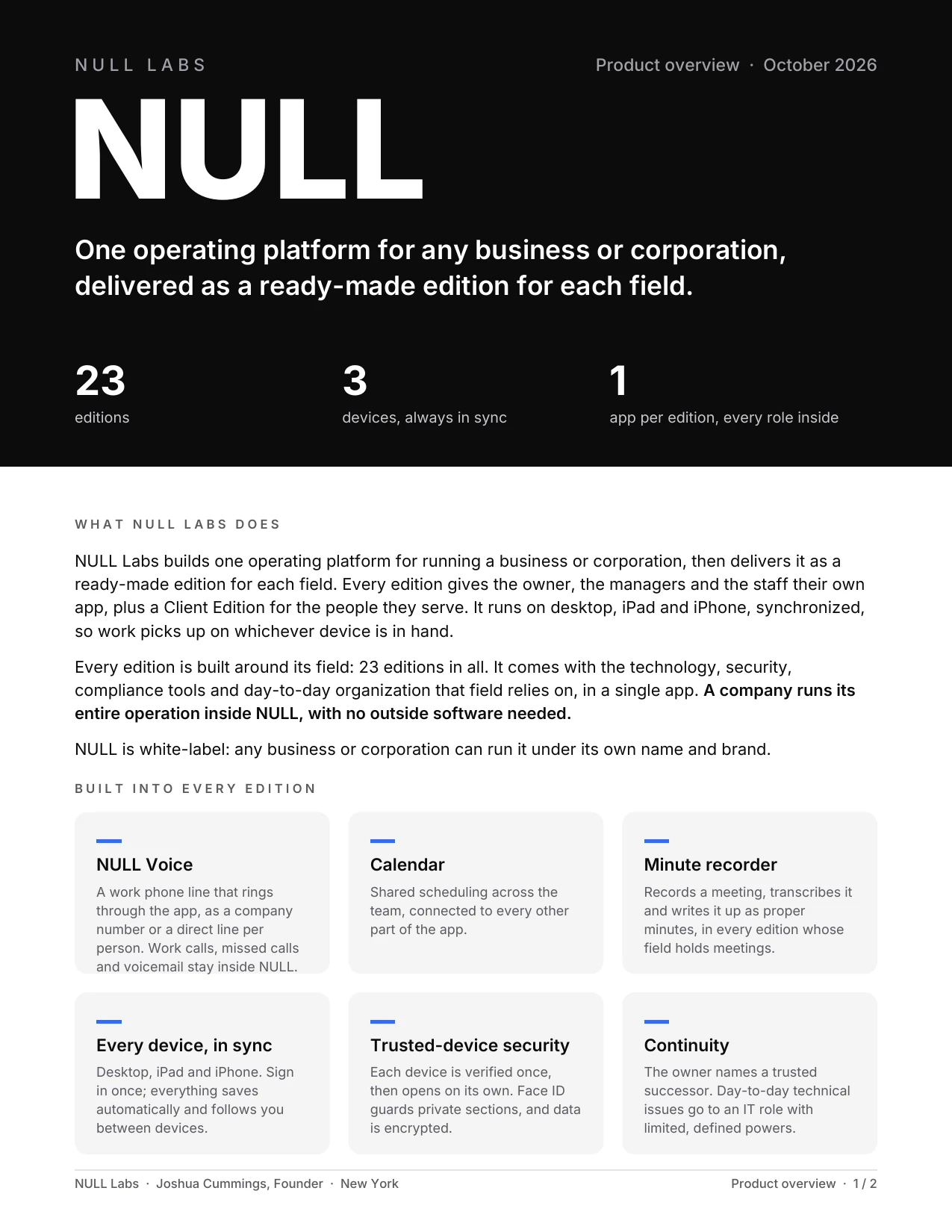 NULL Labs product overview, page 1: what NULL Labs does, 23 editions, three devices in sync, and what's built into every edition.
