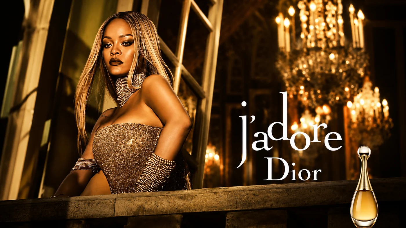Dior J'adore image: Rihanna in a gold beaded dress beneath chandeliers, with the J'adore Dior logo and bottle.