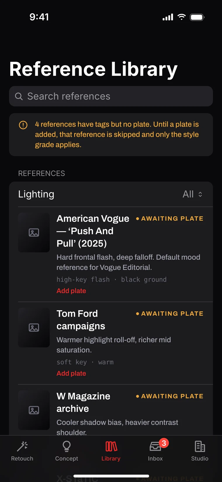 SK Direct Reference Library: lighting references for American Vogue, Tom Ford campaigns and W Magazine, each awaiting a plate image.