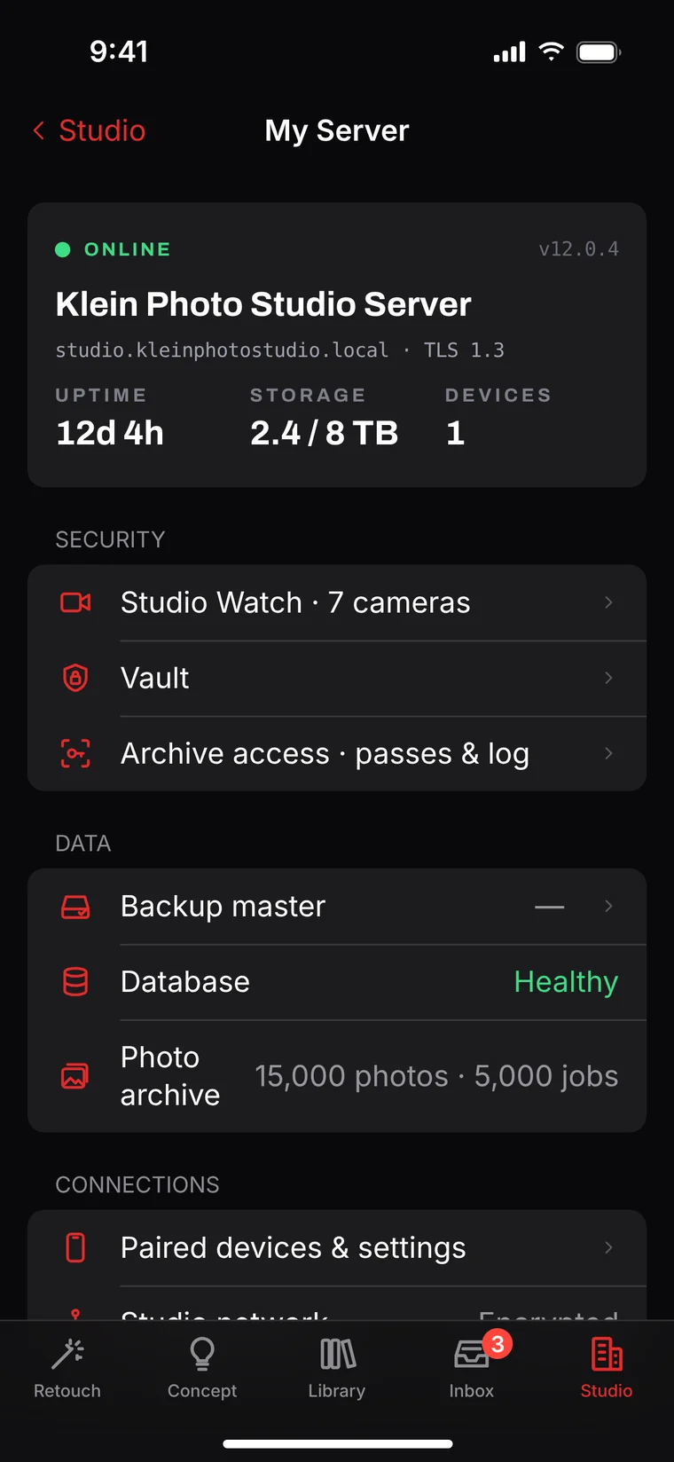 SK Direct My Server: the studio server online with uptime, storage and devices, plus security, data and connection settings.